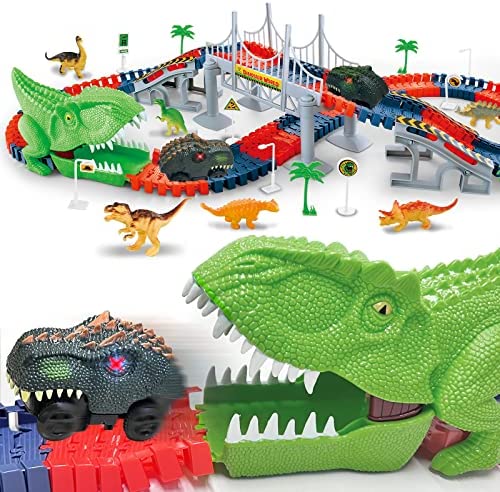 Inodoo Magic Tracks For Boys Girls Kids 144Pcs Flexible Glow In The Dark Race Track With LED Light-Up Dinosaur Race Car STEM Building Slot Car Toys well-suited Christmas Birthday Gifts For Aged 4-8 Dinosaur Race Track - Indoor Racing Activity Set