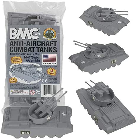 Promo Lassic Payton Anti-Aircraft Tanks – 4pc Tan Green Plastic Army Men Vehicle - Classic Train Play Edition