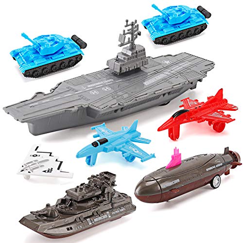 Aircraft Carrier Pullback Mini Military Toy Playset With Fighter Jets Stealth Bomber Tank Warship Submarine (8 Pieces) - Sea Mission Play Edition