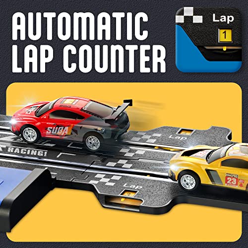Slot Car Race Track Sets – Battery Or Electric Race Car Track With 4 Cars Dual Electric Race Track W/ 2 Remotes Lap Counter & Lights For Girls & Boys Age 8-12 - Indoor Racing Activity Set