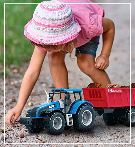 Friction Powered Farm Tractor Vehicles 16.5 Includes Farmer Tractor Water Tank And Log Trailer Push & Go No Batteries Needed (3pc Set) - Construction Vehicle Activity Set