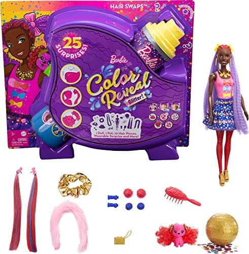 New Color Reveal Doll Glittery Purple With 25 Hairstyling & Party-Themed Surprises Including 10 Plug-in Hair Pieces Gift For Kids 3 Years Old & Up - Classic Train Play Edition