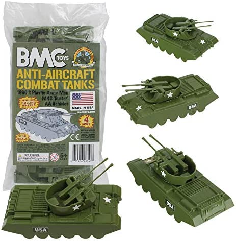 Promo Lassic Payton Anti-Aircraft Tanks – 4pc Tan Green Plastic Army Men Vehicle - Classic Train Play Edition