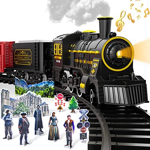 Electric Christmas Train Set For Kids Battery-Powered Train Toys With Sounds Include 4 Cars And 10 Tracks Classic Toy Train Set For 3 4 5 6 Years Old Boys Girls - Classic Train Play Edition