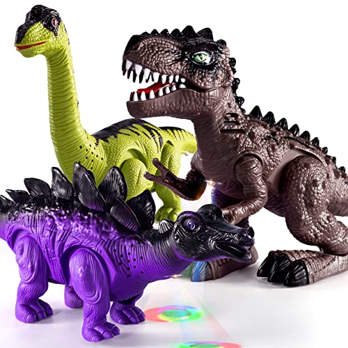 New 3 Pack Electric Walking Dinosaur Toys For Toddlers 2-4 3-5 Years With Roar Sounds And Lights Up Realistic Robot T-Rex Brachiosaurus Stegosaurus Dinosaur Figures For Kids - Indoor Racing Activity Set