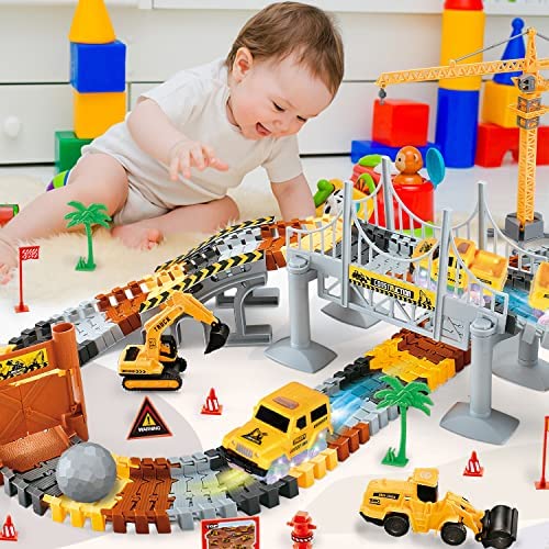 Inodoo Magic Tracks For Boys Girls Kids 144Pcs Flexible Glow In The Dark Race Track With LED Light-Up Dinosaur Race Car STEM Building Slot Car Toys well-suited Christmas Birthday Gifts For Aged 4-8 Dinosaur Race Track - Indoor Racing Activity Set