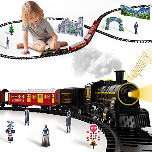 Electric Christmas Train Set For Kids Battery-Powered Train Toys With Sounds Include 4 Cars And 10 Tracks Classic Toy Train Set For 3 4 5 6 Years Old Boys Girls - Classic Train Play Edition