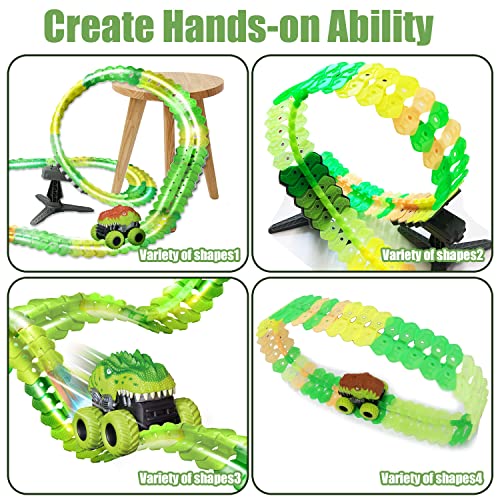Inodoo Magic Tracks For Boys Girls Kids 144Pcs Flexible Glow In The Dark Race Track With LED Light-Up Dinosaur Race Car STEM Building Slot Car Toys well-suited Christmas Birthday Gifts For Aged 4-8 Dinosaur Race Track - Indoor Racing Activity Set