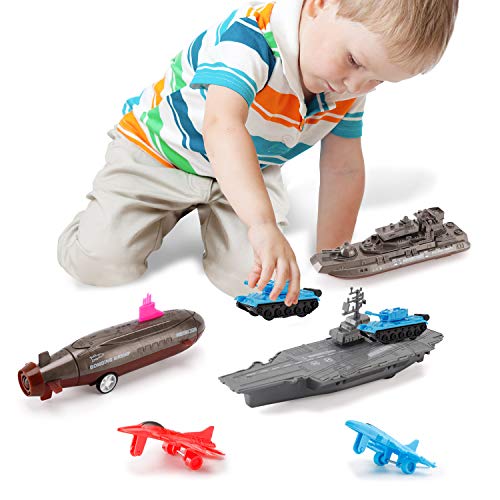 Aircraft Carrier Pullback Mini Military Toy Playset With Fighter Jets Stealth Bomber Tank Warship Submarine (8 Pieces) - Sea Mission Play Edition