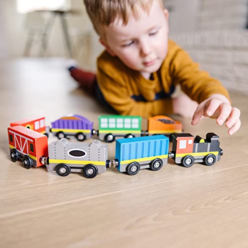 Wooden Train Cars (8 Pcs) – Magnetic Train Wooden Train Toys Train Sets For Toddlers And Kids Ages 3+ - Classic Train Play Edition