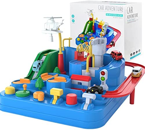 Preschool Educational Car Toys Gifts Puzzle Car Race Tracks Race Track Toys For Boy Car Adventure Toy For 3 4 5 6 7 8 Years Old Kids (Blue Helicopter Car) - Indoor Racing Activity Set