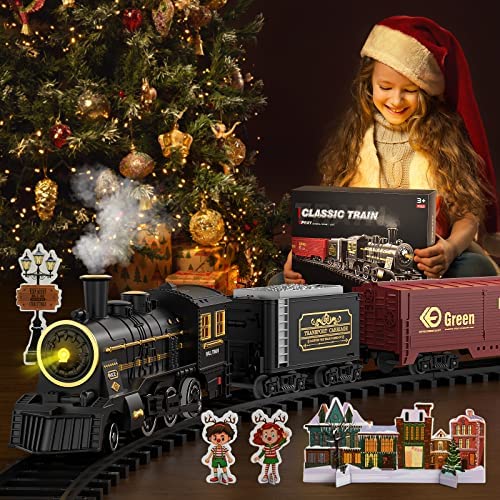 Cheap Train Sets With Steam Locomotive Engine Cargo Car And Tracks Battery Powered Play Set Toy W/ Smoke Light & Sounds For Kids Boys & Girls 3 4 5 6 7 Years Old - Classic Train Play Edition