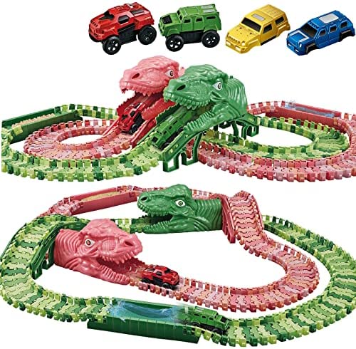 Dinosaur Toys For Kids 3-5 245 Pcs Dino Race Car Track Create A Dinosaur World Road Race With Flexible Train Track Playset 2 Electric Dinosaur Race Cars Toy,well-suited Gift For 3 4 5 Years Old Boys Girls Pink - Indoor Racing Activity Set