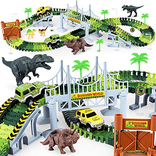 Deals Dinosaur Toys-187 Pcs Create A Dinosaur World Road Race Flexible Track Playset 4 Dinosaurs-2 Race Cars For 3 4 5 6 Years Up Old Boys Girls well-suited Gift - Indoor Racing Activity Set