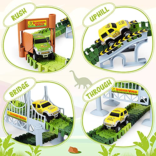 Deals Dinosaur Toys-187 Pcs Create A Dinosaur World Road Race Flexible Track Playset 4 Dinosaurs-2 Race Cars For 3 4 5 6 Years Up Old Boys Girls well-suited Gift - Indoor Racing Activity Set