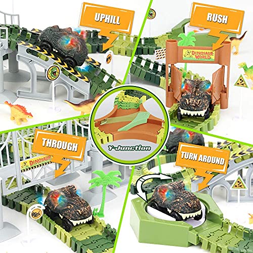 174 PCS Dinosaur Toys Race Track Flexible Train Tracks With 8 Dinosaurs Figures 2 Electric Race Cars Vehicle Playset With Lights To Create A Dinosaur World Road Race For Toddlers Kids Boys Girls - Indoor Racing Activity Set