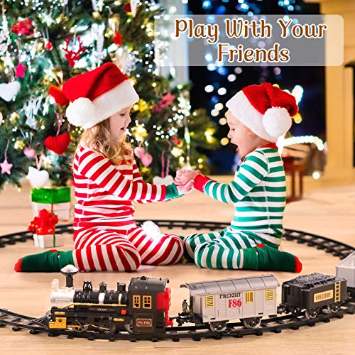 Electric Christmas Train Set For Kids Battery-Powered Train Toys With Sounds Include 4 Cars And 10 Tracks Classic Toy Train Set For 3 4 5 6 Years Old Boys Girls - Classic Train Play Edition