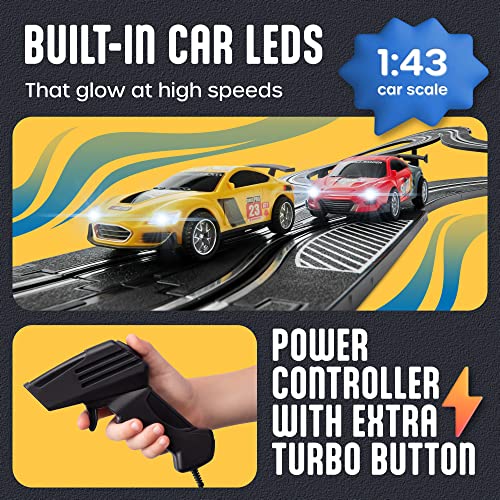 Slot Car Race Track Sets – Battery Or Electric Race Car Track With 4 Cars Dual Electric Race Track W/ 2 Remotes Lap Counter & Lights For Girls & Boys Age 8-12 - Indoor Racing Activity Set