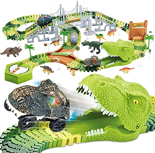 174 PCS Dinosaur Toys Race Track Flexible Train Tracks With 8 Dinosaurs Figures 2 Electric Race Cars Vehicle Playset With Lights To Create A Dinosaur World Road Race For Toddlers Kids Boys Girls - Indoor Racing Activity Set
