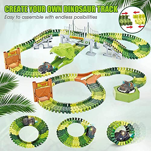 174 PCS Dinosaur Toys Race Track Flexible Train Tracks With 8 Dinosaurs Figures 2 Electric Race Cars Vehicle Playset With Lights To Create A Dinosaur World Road Race For Toddlers Kids Boys Girls - Indoor Racing Activity Set