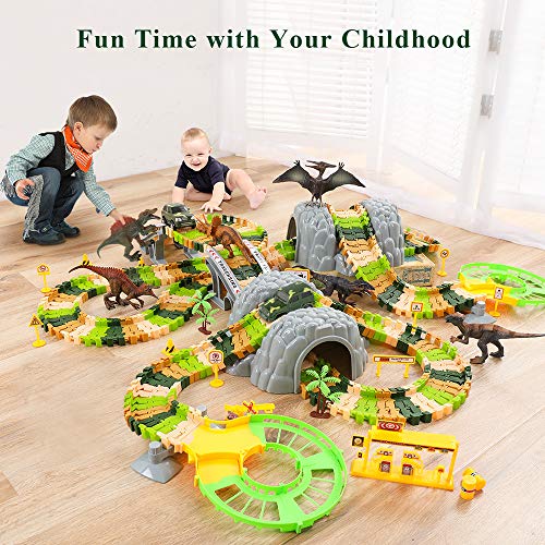 New Dinosaur Train Toys For Kids Longer Track 6 Realistic Jurassic Dino Figures 2 Electric Toy Car Twisted Flexible Train Track Set For Toddlers Boys & Girls 3 4 5 6 7 Years - Indoor Racing Activity Set