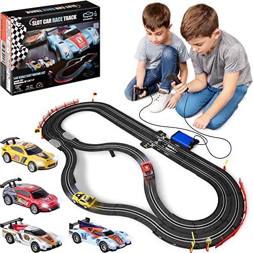 Slot Car Race Track Sets – Battery Or Electric Race Car Track With 4 Cars Dual Electric Race Track W/ 2 Remotes Lap Counter & Lights For Girls & Boys Age 8-12 - Indoor Racing Activity Set