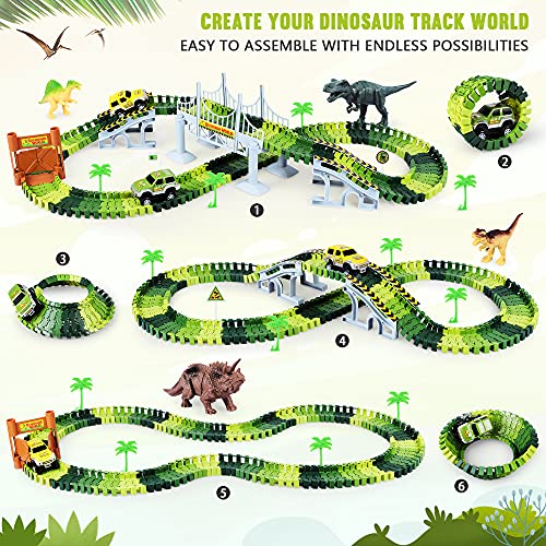 Deals Dinosaur Toys-187 Pcs Create A Dinosaur World Road Race Flexible Track Playset 4 Dinosaurs-2 Race Cars For 3 4 5 6 Years Up Old Boys Girls well-suited Gift - Indoor Racing Activity Set