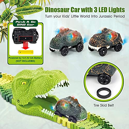 174 PCS Dinosaur Toys Race Track Flexible Train Tracks With 8 Dinosaurs Figures 2 Electric Race Cars Vehicle Playset With Lights To Create A Dinosaur World Road Race For Toddlers Kids Boys Girls - Indoor Racing Activity Set