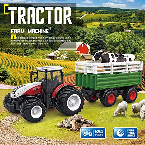 RC Tractor Remote Control Farm Truck With Trailer 1/24 Scale 2.4Ghz Electronic Tractor Farm Vehicle Toy With Light For Kids Age 5 6 7 8 9 And Up Years Old - Construction Vehicle Activity Set